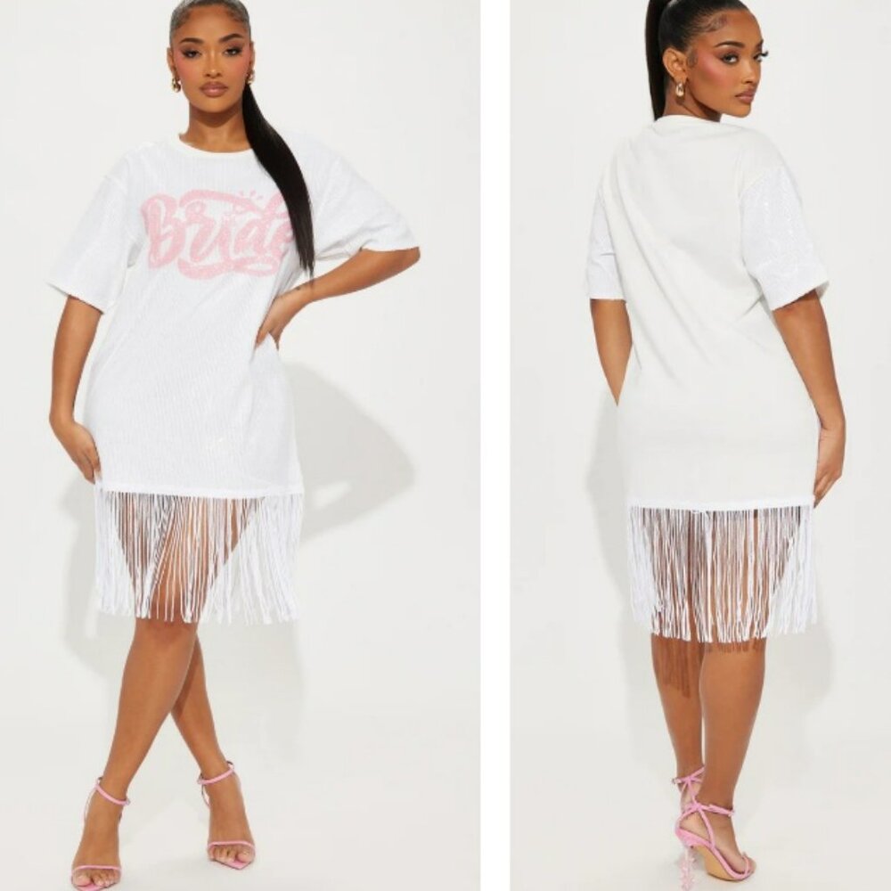 NWT White & Pink Bride Sequin Fringe Mini Dress & Veil Sz 2X - Picture 3 of 15
